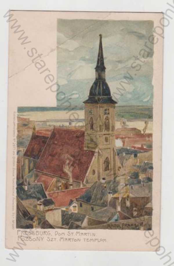  - Slovensko, Bratislava (PRessburg, Pozsony), kostel, částečný záběr města, kolorovaná, DA