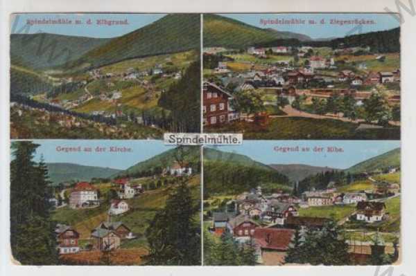  - Špundlerův mlýn (Spindelmühle), více záběrů, celkový pohled, částečný záběr města, kolorovaná