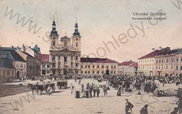  - Uherské Hradiště, kolorovaná, Komenského náměstí, povoz, kostel