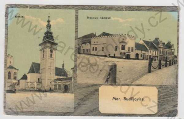  - Moravské Budějovice (Třebíč), více záběrů, kostel, náměstí, kolorovaná