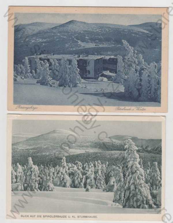  - 2x Krkonoše (Riesengebirge) - Trutnov, Špindlerova bouda (Spindlerbaude), Peterbaude, sníh, zimní