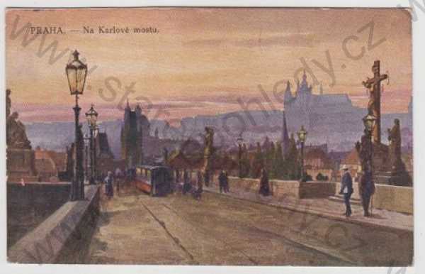 - Praha 1, Karlův most, tramvaj, kolorovaná