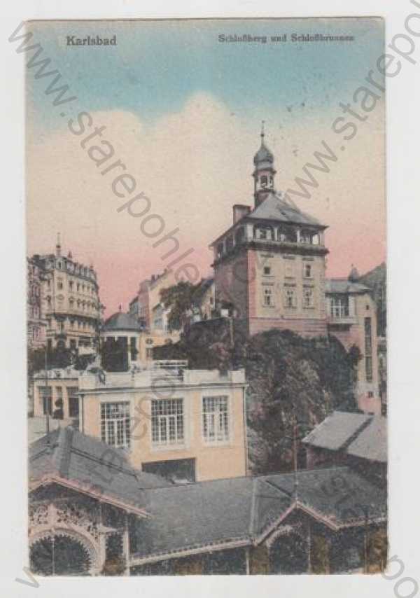  - Karlovy Vary (Karlsbad), Schlossberg, Schlossbrunnen, částečný záběr města, kolorovaná