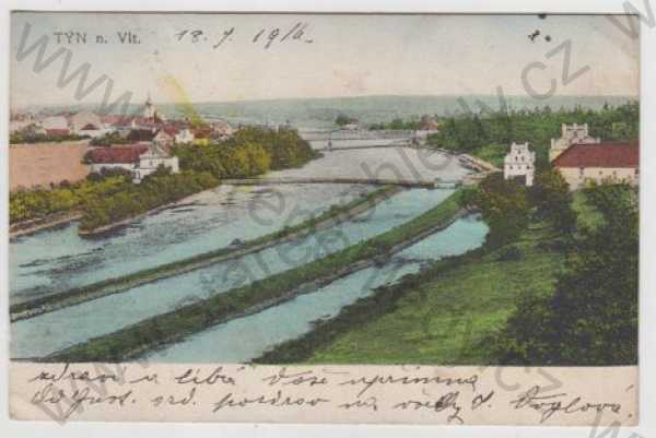  - Týn nad Vltavou (České Budějovice), řeka, most, částečný záběr města, kolorovaná