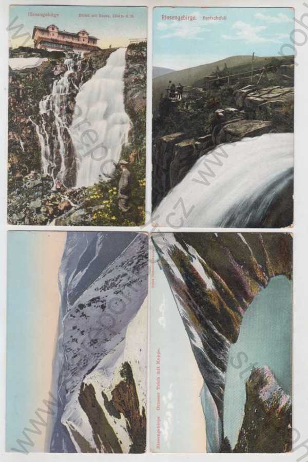  - 4x Krkonoše (Riesengebirge) - Trutnov, Labská bouda, vodopád, Pančavský vodopád (Pantschefall), Grosser Teich, kolorovaná