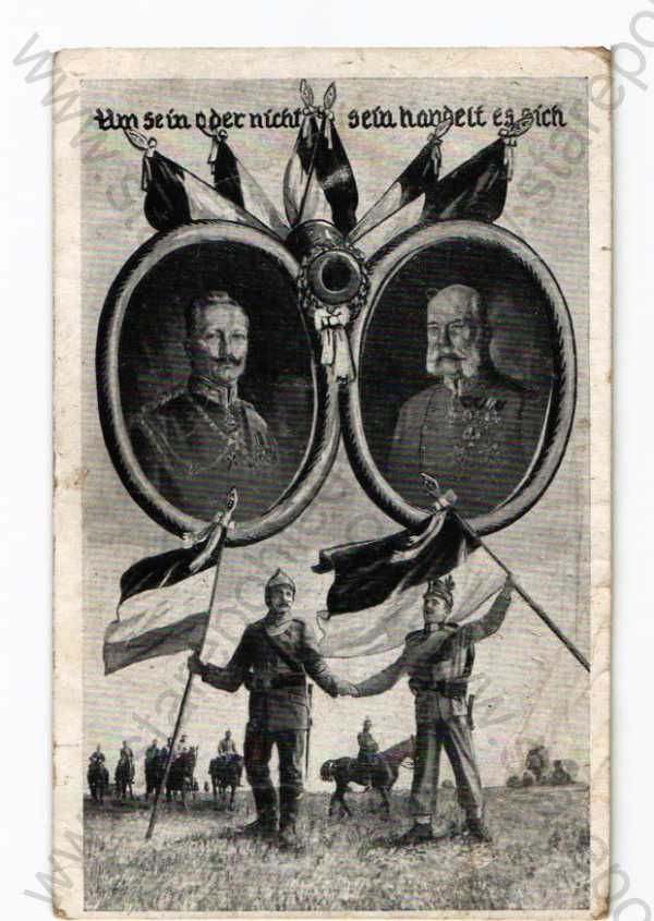  - František Josef I. a Vilém II., koláž, portréty, vojáci, vlajky, koně