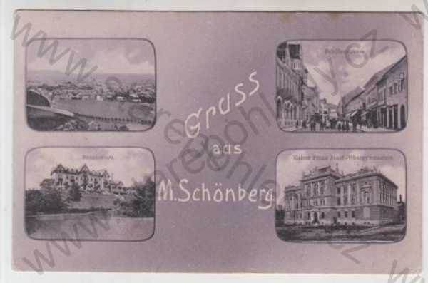  - Šumperk (Mähr. Schönberg), více záběrů, celkový pohled, sanatorium, gymnázium, pohled ulicí