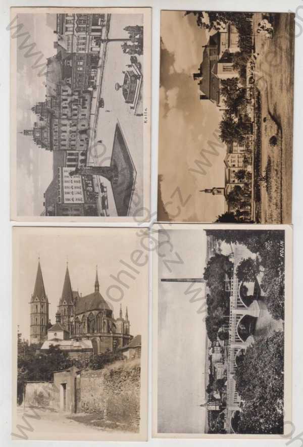  - 4x Kolín, náměstí, socha, automobil, Fučíkův sad, Chrám sv. Bartoloměje, most, částečný záběr města