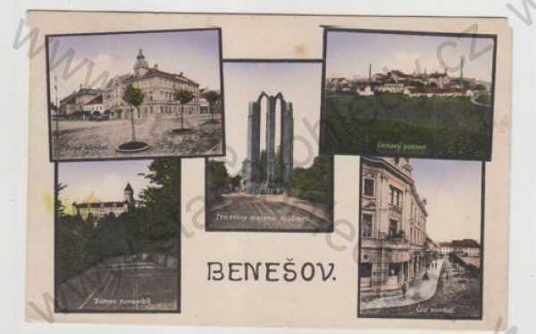  - Benešov, více záběrů, náměstí, celkový pohled, Zámek Konopiště, klášter, zřícenina, kolorovaná