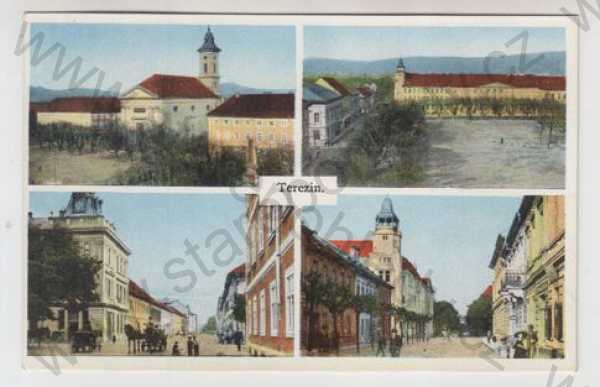  - Terezín (Litoměřice), více záběrů, kostel, náměstí, pohled ulicí, kůň, kočár, kolorovaná