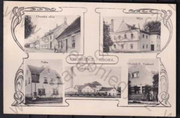  - Chomutice-Obora (Jičín), více záběrů, pohled ulicí, mlýn, cukrovar, pošta, obchod