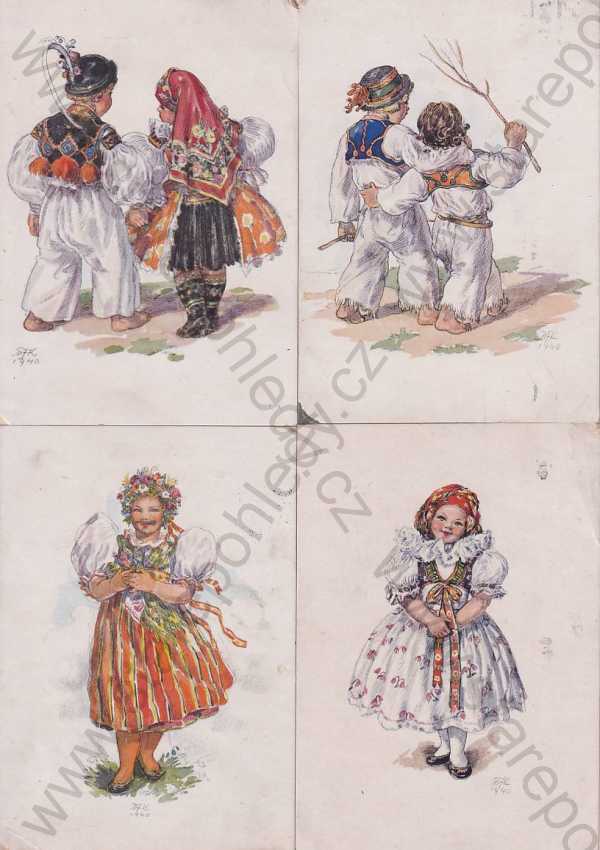  - 4x pohlednice: Děti, kroje, kresba, barevná, MFK