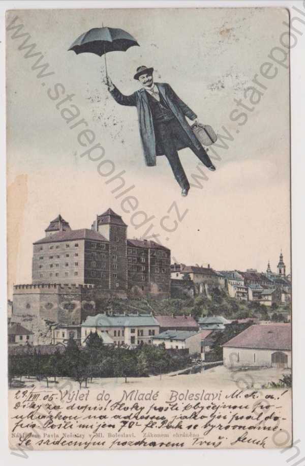  - Mladá Boleslav - výlet - muž s deštníkem, kolorovaná, koláž, DA