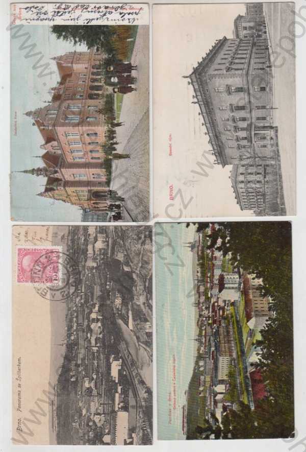  - 4x Brno (Brünn), Deutsches haus, pohled ulicí, Besední dům, panorama, celkový pohled, Špilberk, kolorovaná, DA