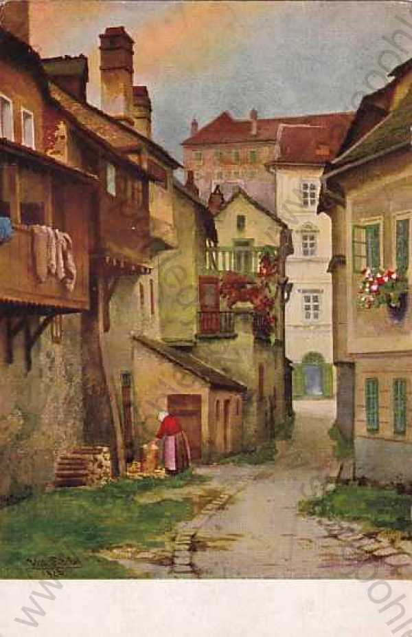  - Český Krumlov, Krummau, kresba, barevná, ulice, akvarel V. Fischer