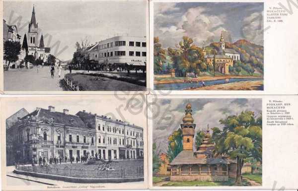  - Mukačevo, Podkarpatská Rus, 4 ks, barevná, Grand Hotel, klášter, kostel, náměstí