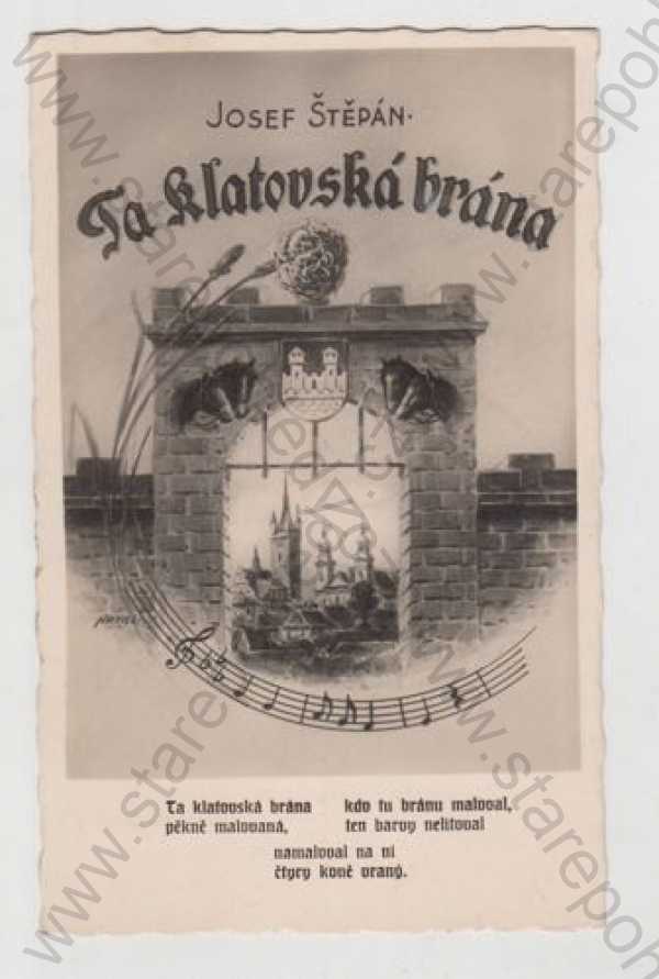 - Klatovy, brána, částečný záběr města, píseň, nota, text, Klatovská brána
