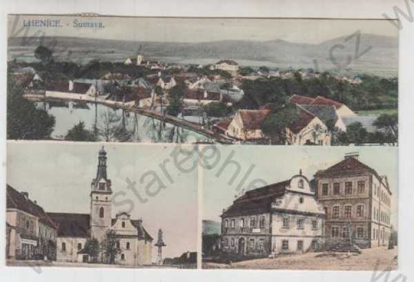  - Lhenice (Prachatice), více záběrů, celkový pohled, kostel, Šumava, kolorovaná