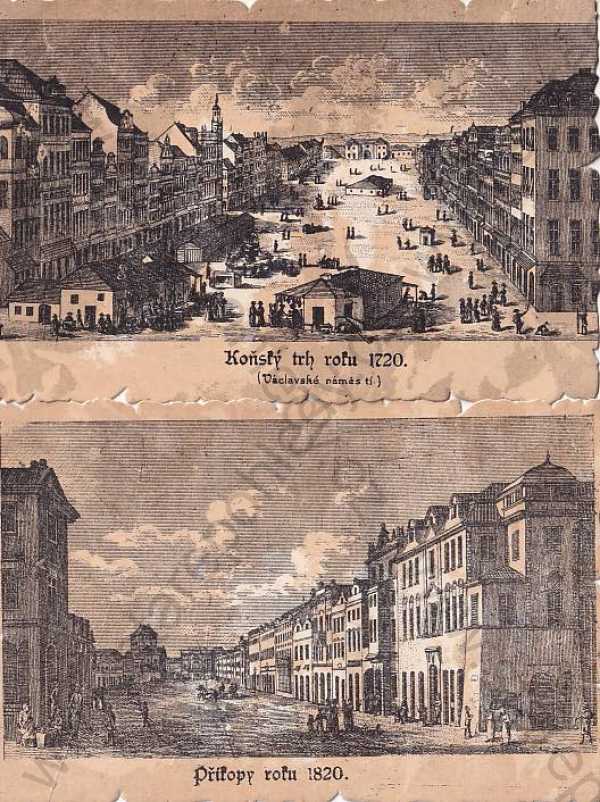  - 2x pohlednice: Příkopy, Koňský trh (Praha 1) 1820, 1720, veduty, Václavské nám.