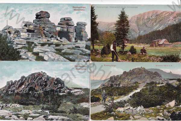  - 4x pohlednice: Krkonoše (Trutnov - Trautenau) Dívčí kameny, Mužské kameny, Sněžka