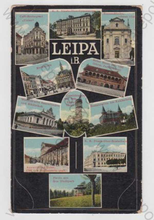  - Česká Lípa (Leipa), fotokoláž, kavárna, restaurace, gymnázium, náměstí, Rotes haus, knihovna, věž, klášter, škola, park, kolorovaná