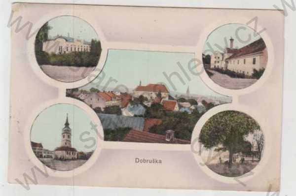  - Dobruška (Rychnov nad Kněžnou), více záběrů, celkový pohled, náměstí, pohled ulicí, částečný záběr města, kolorovaná