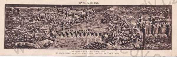  - Praha roku 1620, dlouhá pohlednice, reliéf J. Bendl