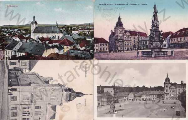  - 4x pohlednice: Šluknov - Schluckenau (Děčín), celkový pohled, áměstí