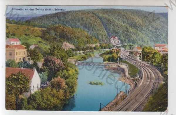  - Bílovice nad Svitavou (Billowitz an der Zwitta) - Brno venkov, řeka, most, koleje, kolorovaná