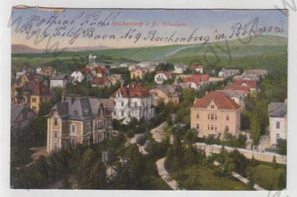  - Liberec (Reichenberg), vilová čtvrť, vila, částečný záběr města, kolorovaná