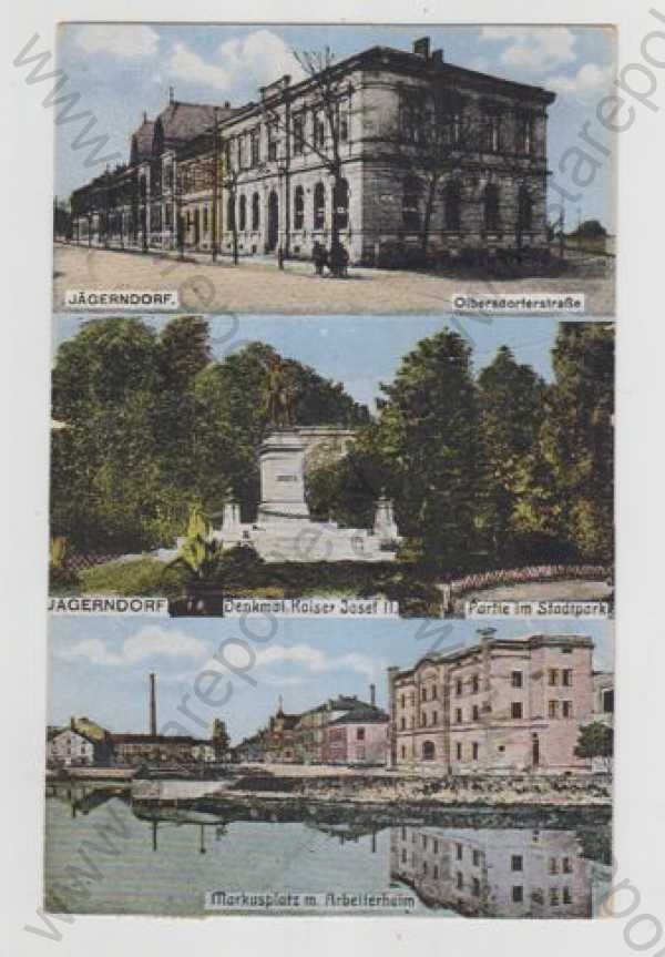  - Krnov (Jägerndorf) - Bruntál, více záběrů, pohled ulicí, pomník, František Josef I., partie, park, řeka, kolorovaná
