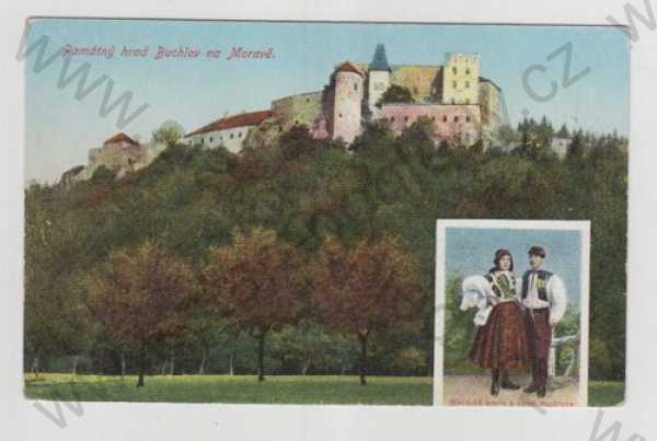  - Buchlov (Uherské Hradiště), hrad, Morava, žena, muž, kroj, kolorovaná
