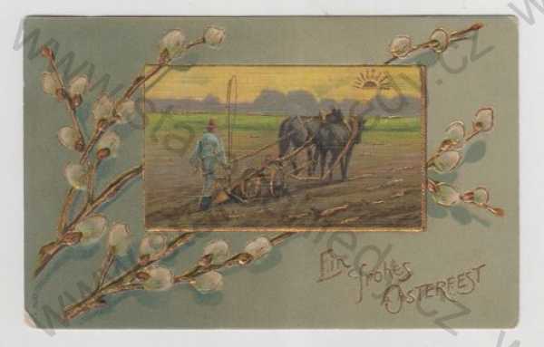  - Zemědělství, orba, kůň, pole, kolorovaná, zlacená, plastická karta