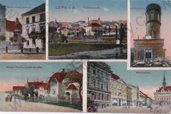  - Česká Lípa, Leipa, kolorovaná, více záběrů, náměstí, ulice, pomník, celkový pohled
