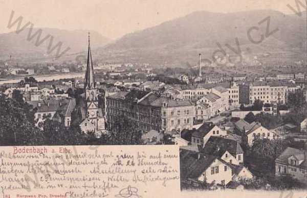  - Děčín, Bodenbach, pohled z výšky, kostel, DA