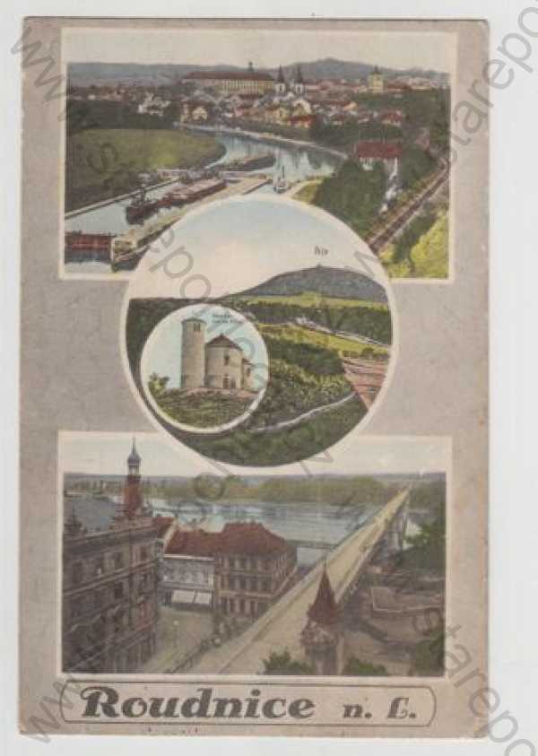  - Roudnice nad Labem (Litoměřice), více záběrů, celkový pohled, řeka, Labe, most, Říp, kolorovaná, koláž