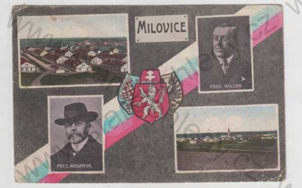 - Milovice (Nymburk), více záběrů, vojenský tábor, celkový pohled, Masaryk, Wilson, portrét, erb, kolorovaná