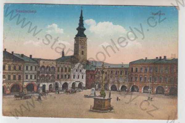  - Nový Jičín (Neutitschein), náměstí, kůň, povoz, kolorovaná