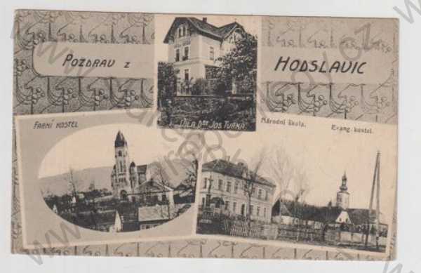  - Hodslavice (Nový Jičín), více záběrů, vila, kostel, škola, kostel, koláž