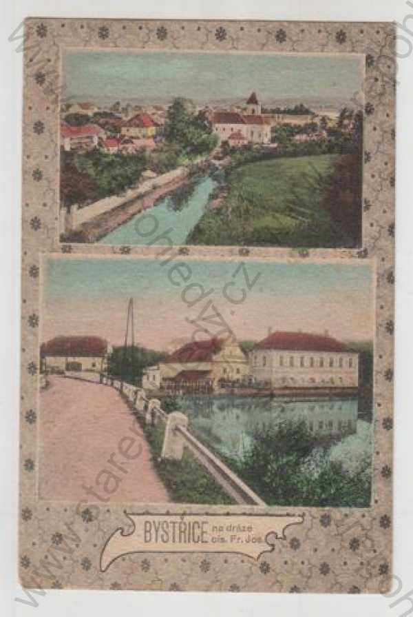  - Bystřice na Dráze (Frýdek - Místek), více záběrů, celkový pohled, řeka, most, kolorovaná