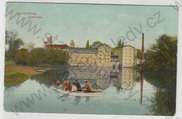  - Břeclav (Lundenburg), řeka, loď, mlýn, kolorovaná