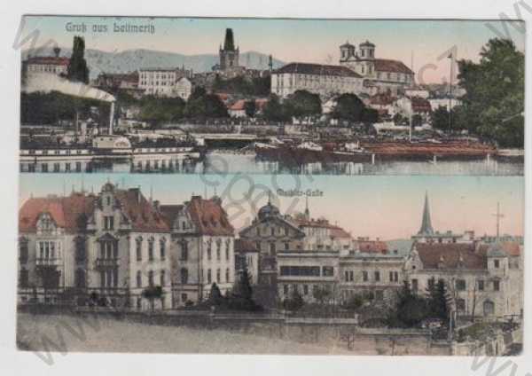  - Litoměřice (Leitmeritz), více záběrů, částečný záběr města, řeka, Labe, loď, parník, kolorovaná