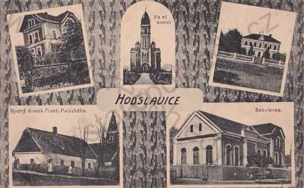  - Hodslavice, Nový Jičín, koláž, kostel, sokolovna, rodný domek F. Palackého, vila