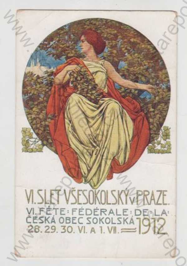  - Sokol, žena, slet, Praha, kolorovaná