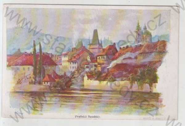  - Praha 1, Pražské Benátky, řeka, částečný záběr města, kolorovaná, DA