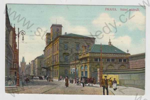  - Praha 1, Masarykovo nádraží, pohled ulicí, kůň, kočár, Prašná brána, kolorovaná