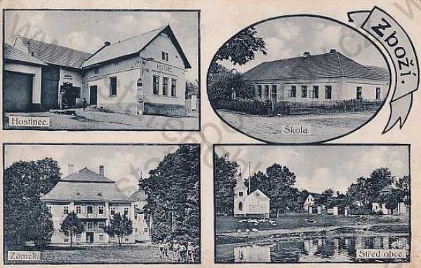  - Habry (Havlíčkův Brod) hostinec, škola, zámek, střed obce