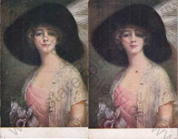  - Žena - výtvarno, barevná, klobouk, portrét, 2 ks