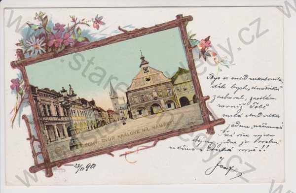  - Dvůr Králové nad Labem - náměstí, koláž nalepeno, litografie, DA, kolorovaná