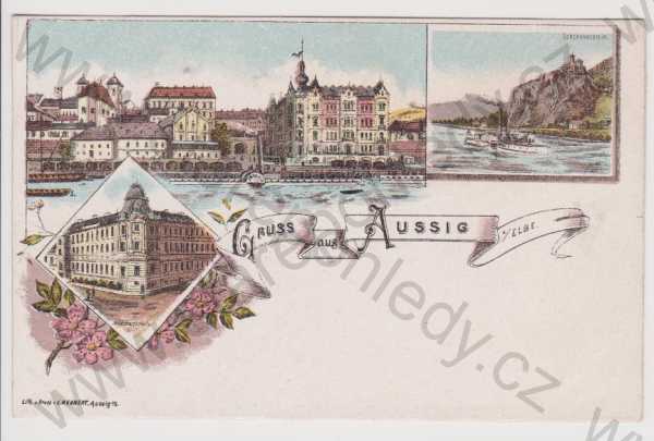  - Ústí nad Labem - nábřeží, Střekov, parník, dívčí škola, litografie, DA, koláž, kolorovaná